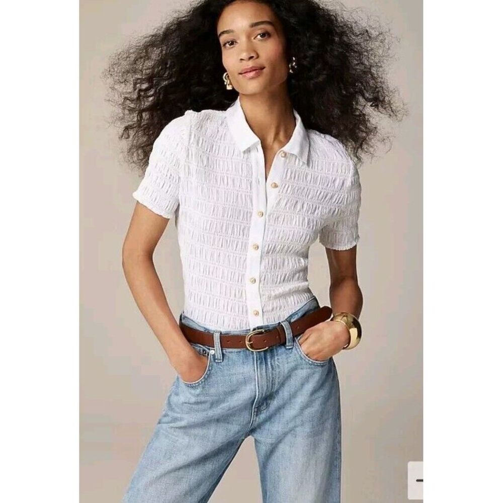 J.Crew Smocked Button-Up Shirt in Cotton-Blend Voile White Size XXS